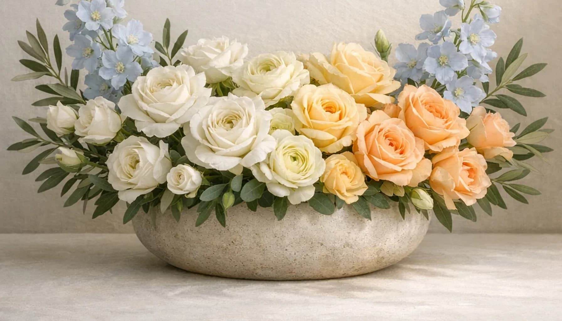 International Day of Hope flower guide banner featuring white roses, olive branches, pale blue delphinium in white, olive, pale blue, stone tones