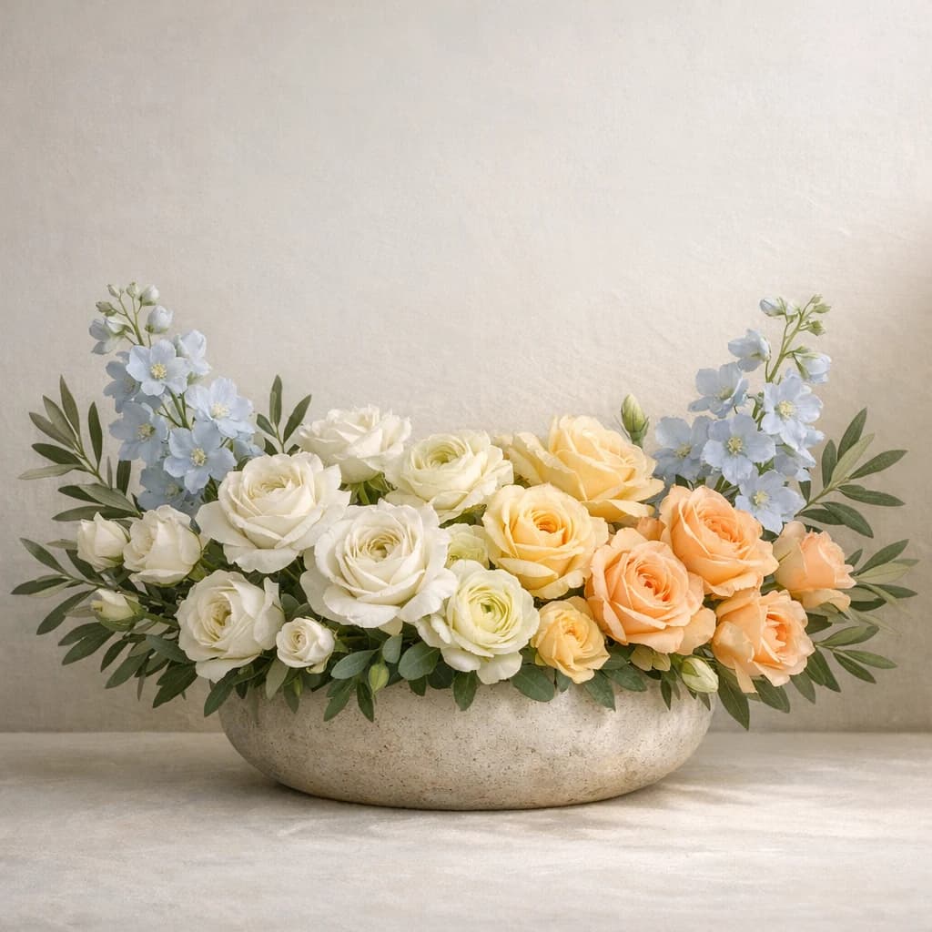 International Day of Hope floral calendar still life with white roses, olive branches, pale blue delphinium