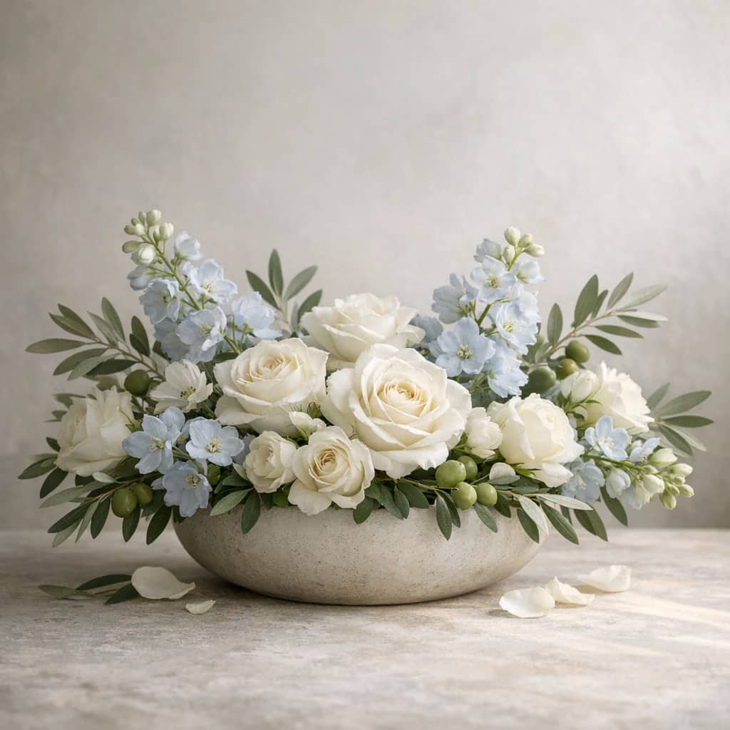 International Day of Human Fraternity floral calendar still life with white roses, olive branches, pale blue delphinium