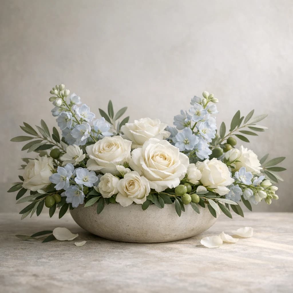 International Day of Human Fraternity floral calendar still life with white roses, olive branches, pale blue delphinium