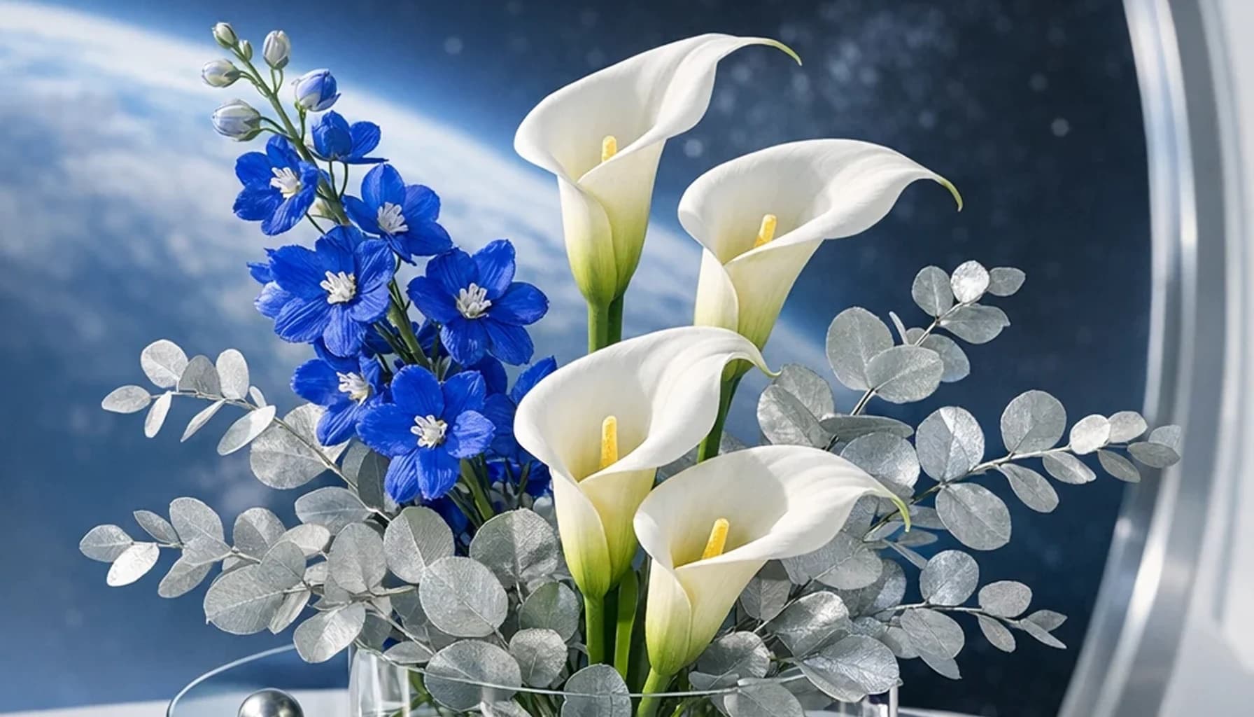 International Day of Human Space Flight flower guide banner featuring white calla lilies, blue delphinium, silver eucalyptus in optic white, cobalt, silver, green tones