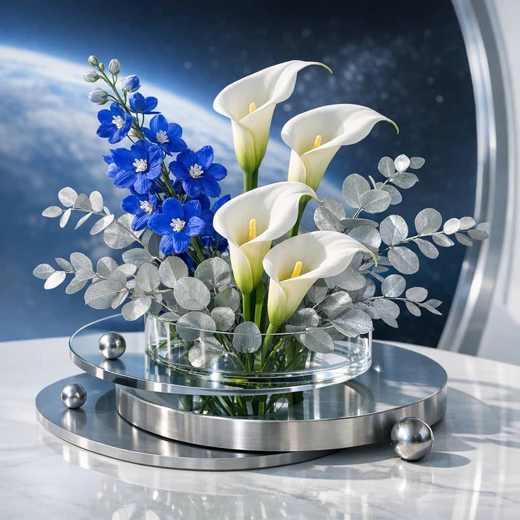 International Day of Human Space Flight floral calendar still life with white calla lilies, blue delphinium, silver eucalyptus