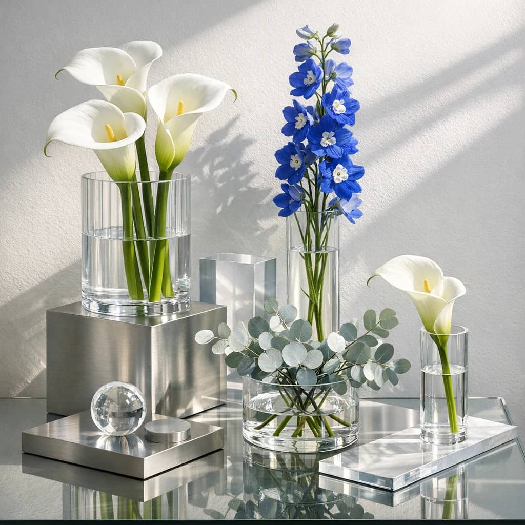 International Day of Light floral calendar still life with white calla lilies, blue delphinium, silver eucalyptus