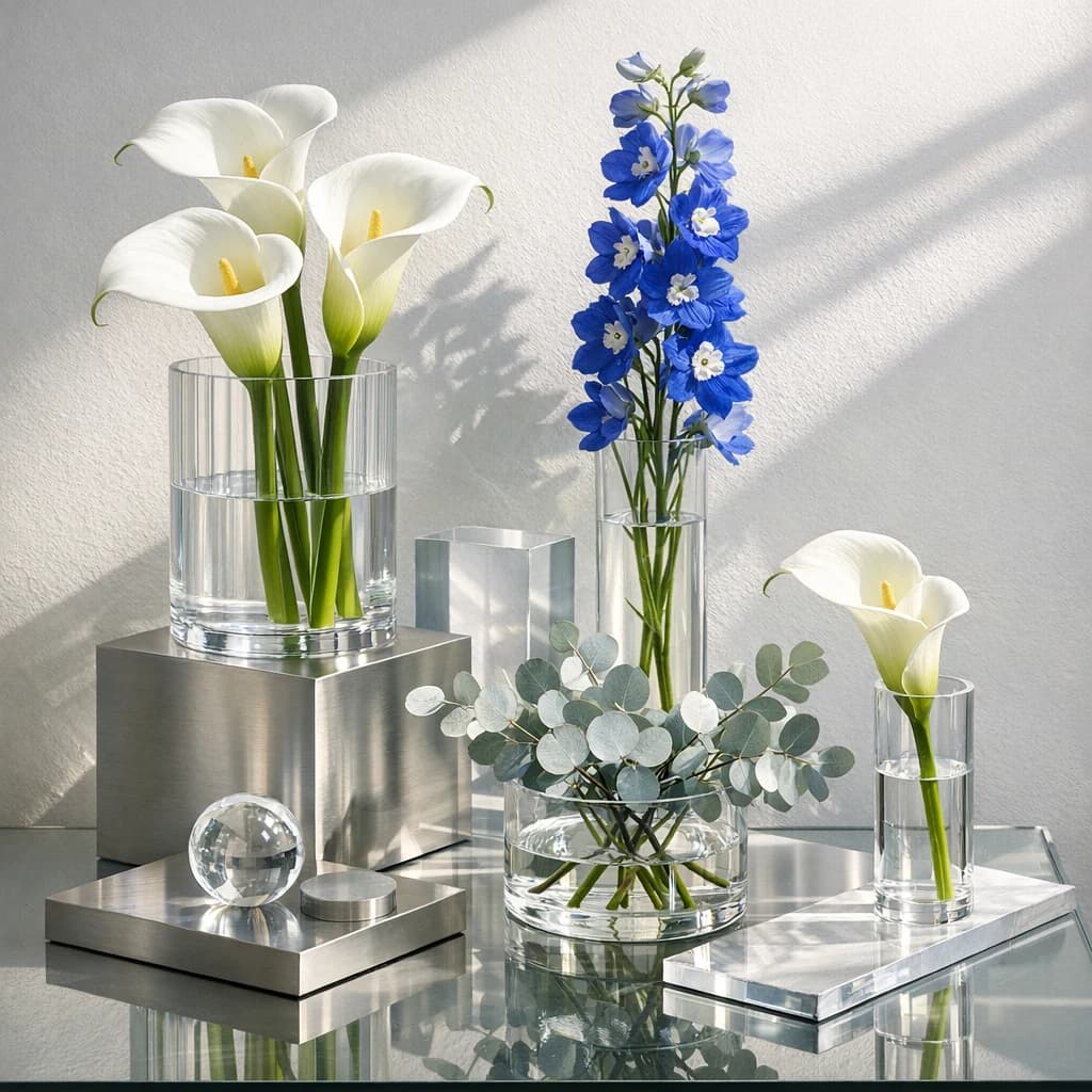 International Day of Light floral calendar still life with white calla lilies, blue delphinium, silver eucalyptus
