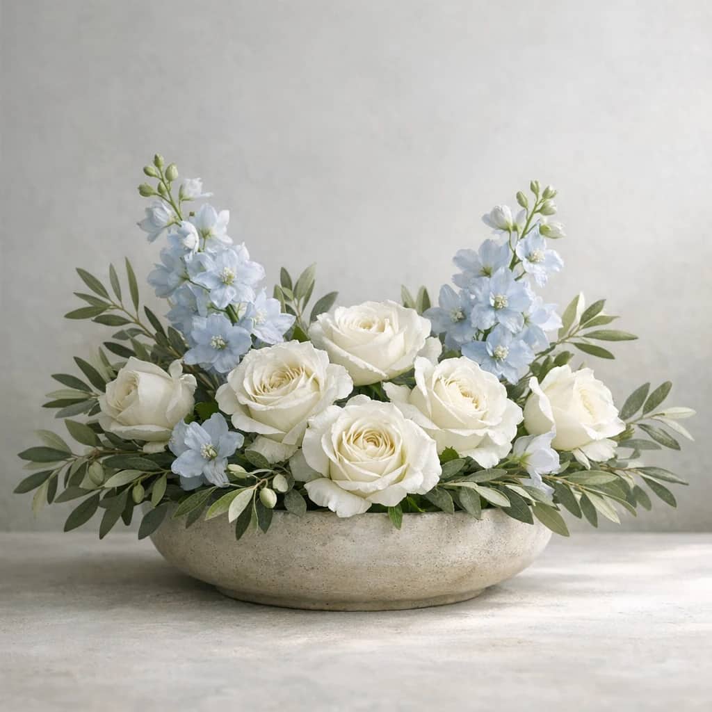International Day of Non-Violence floral calendar still life with white roses, olive branches, pale blue delphinium