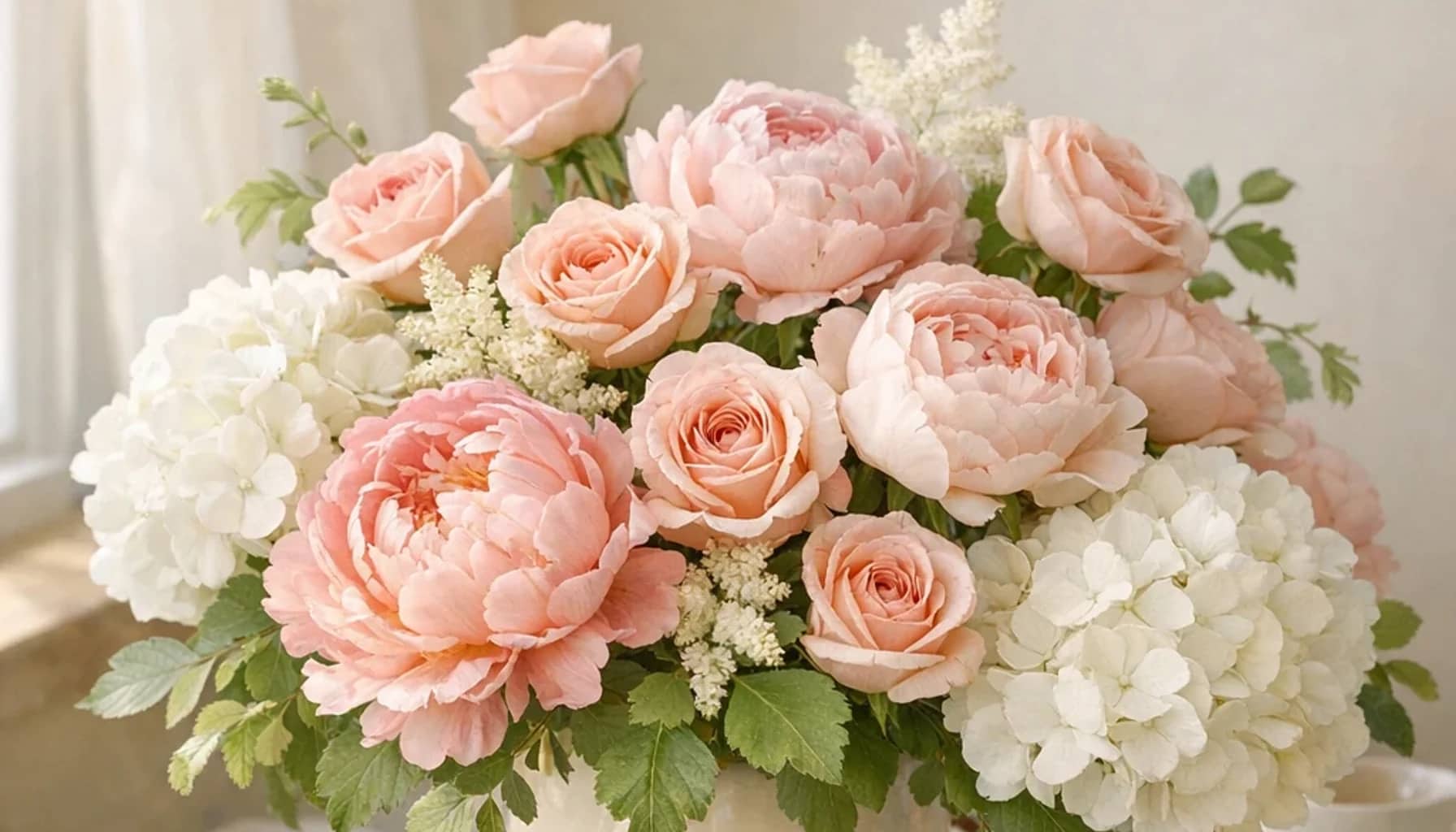 International Day of Older Persons flower arrangement with peonies, pink roses, white hydrangea designed as a respectful family and care floral guide