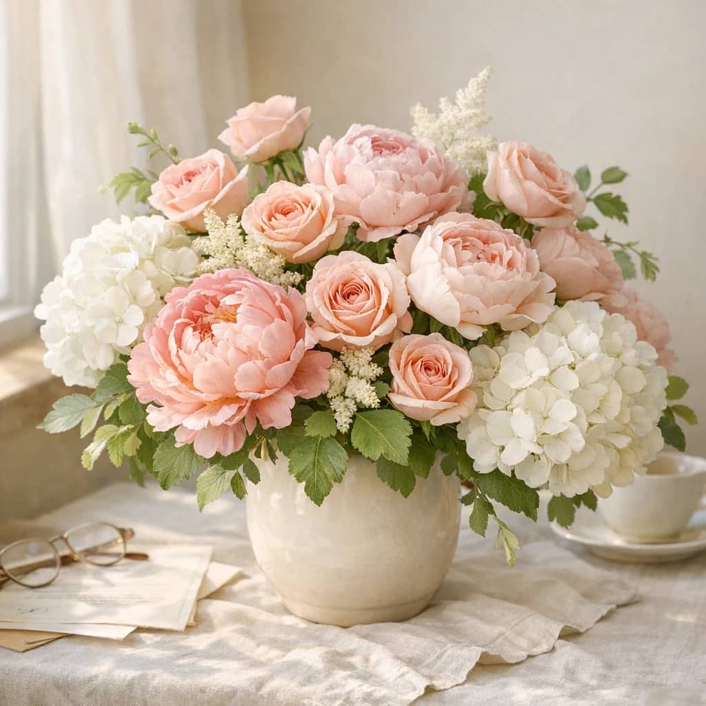 International Day of Older Persons floral calendar still life with peonies, pink roses, white hydrangea