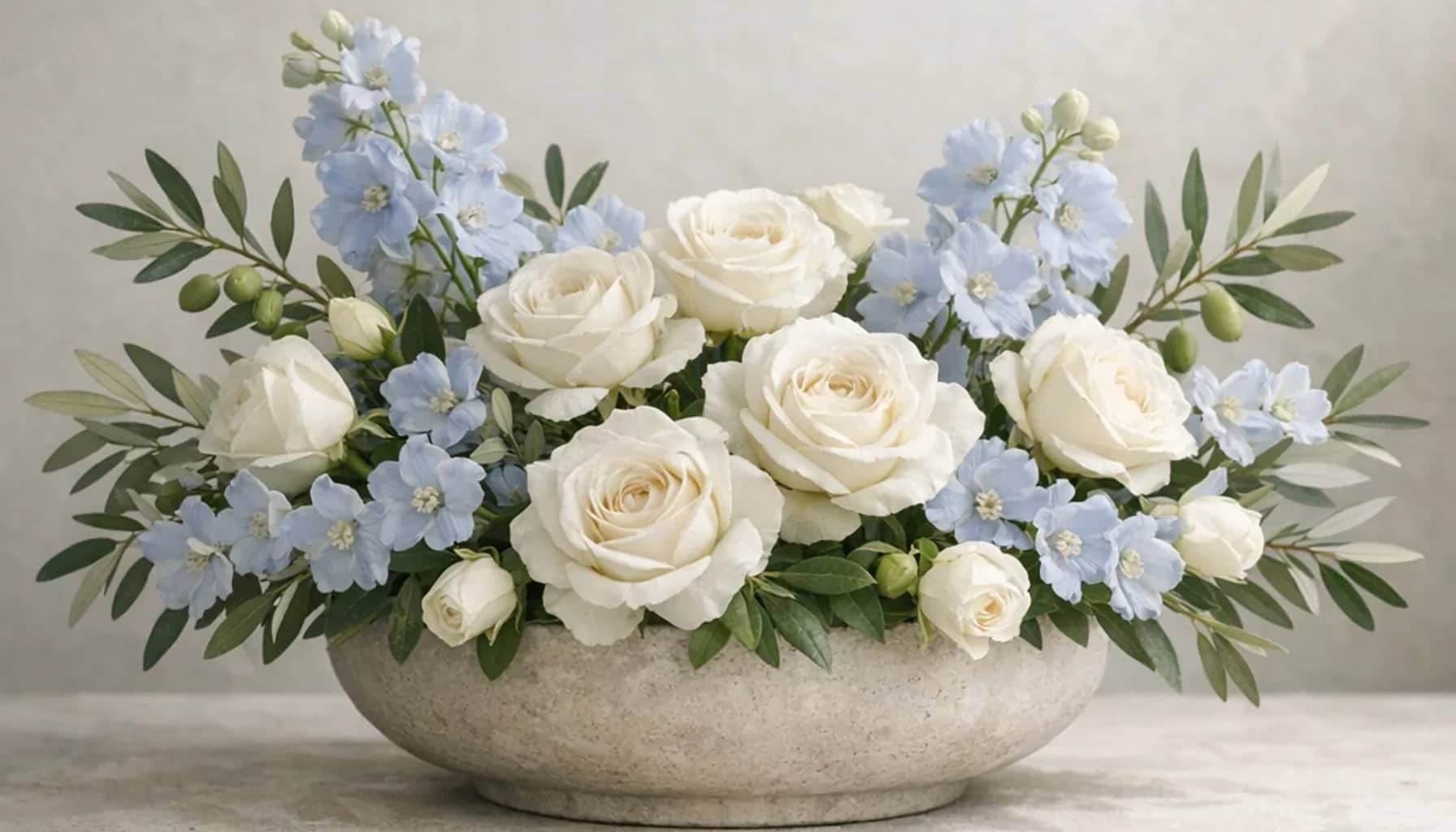 International Day of Peace flower arrangement with white roses, olive branches, pale blue delphinium designed as a respectful peace and solidarity floral guide