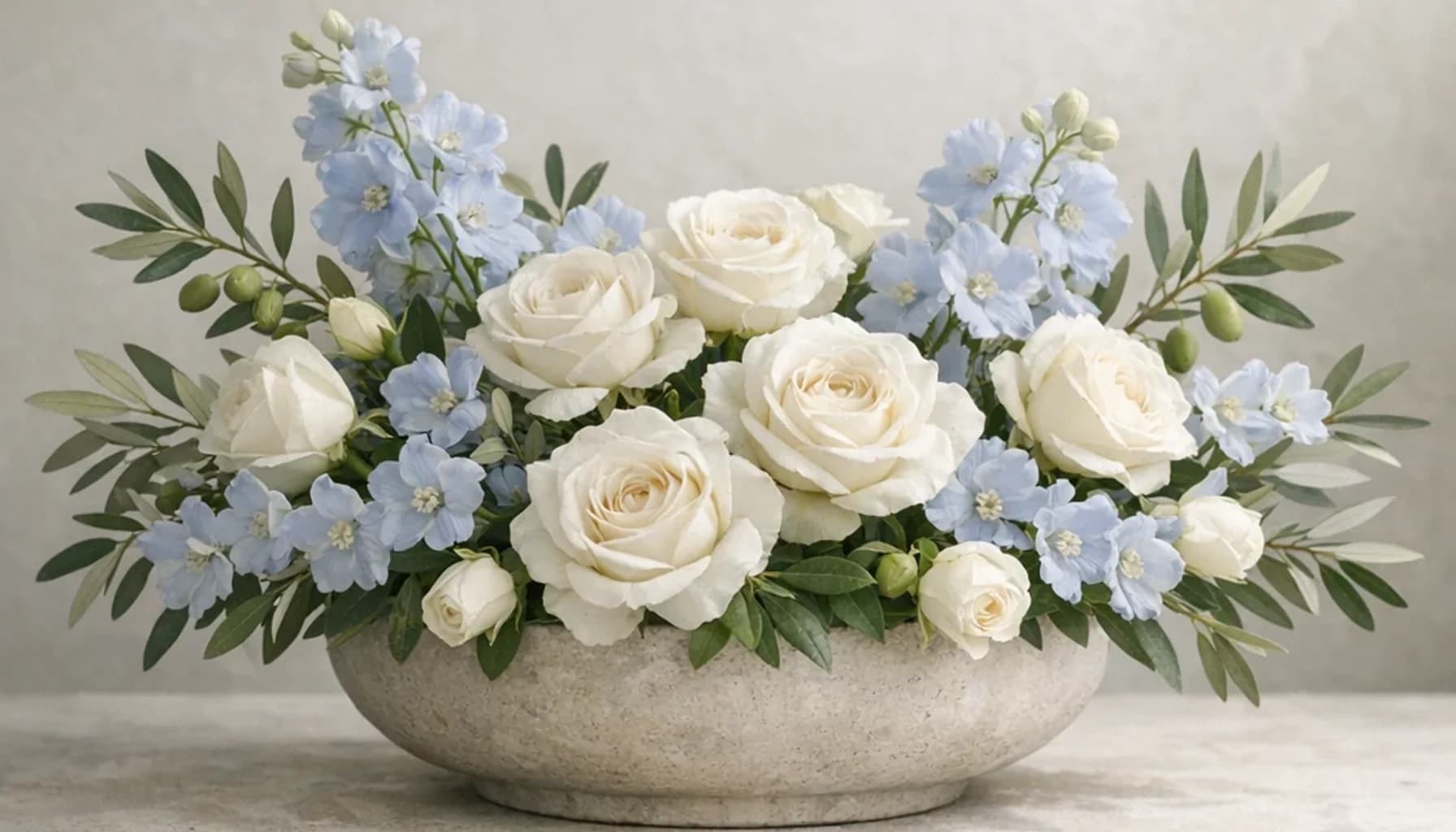 International Day of Peace flower guide banner featuring white roses, olive branches, pale blue delphinium in white, olive, pale blue, stone tones