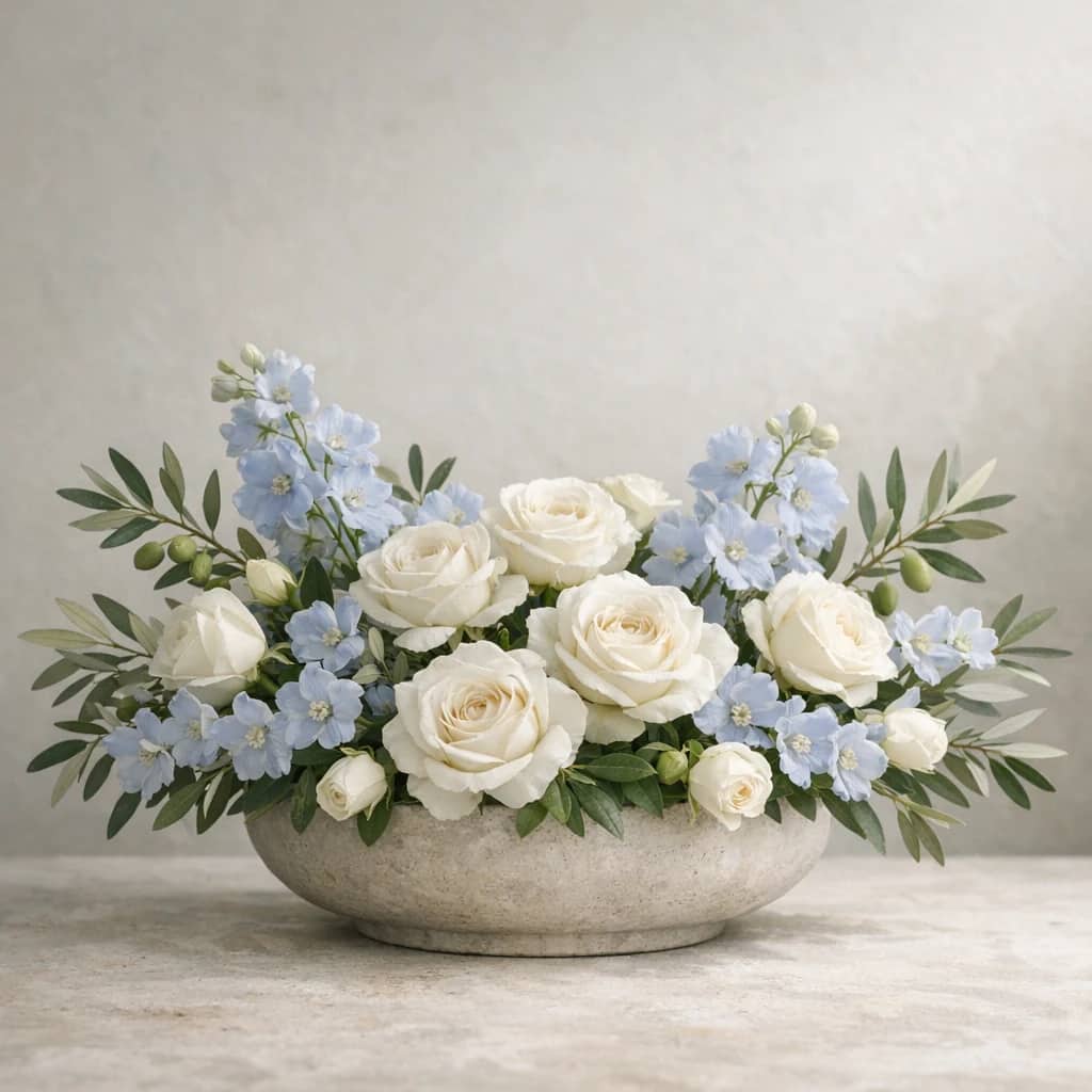 International Day of Peace floral calendar still life with white roses, olive branches, pale blue delphinium