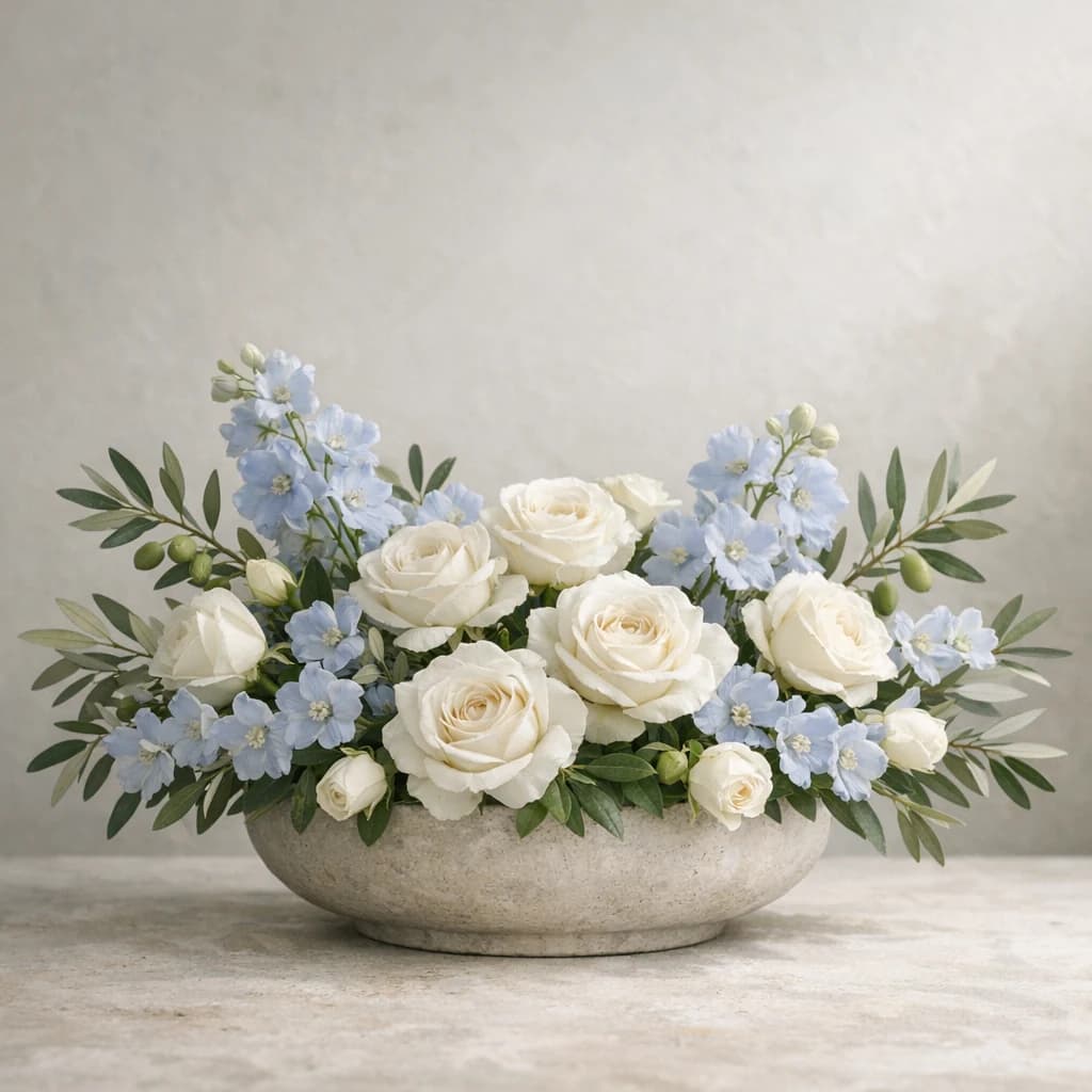 International Day of Peace floral calendar still life with white roses, olive branches, pale blue delphinium