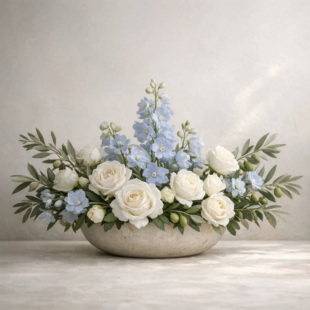International Day of Peaceful Coexistence floral calendar still life with white roses, olive branches, pale blue delphinium