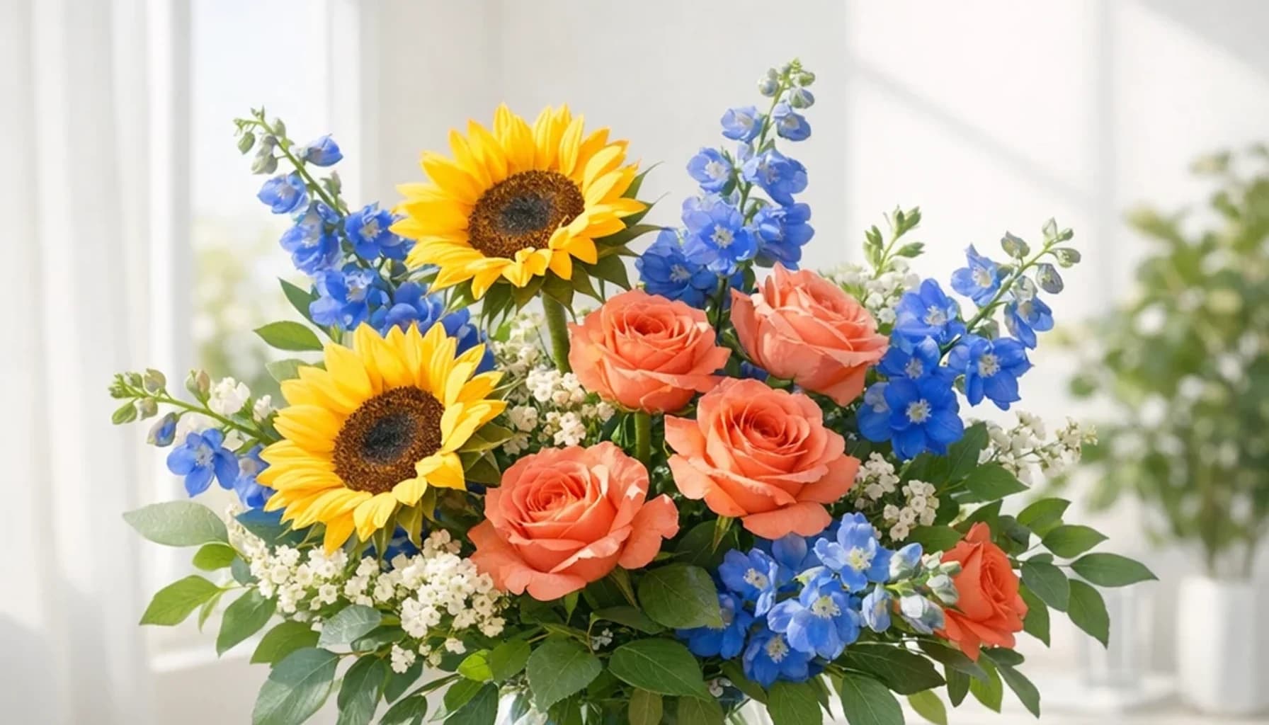 International Day of Persons with Disabilities flower guide banner featuring sunflowers, coral roses, blue delphinium in sun, coral, blue, green tones