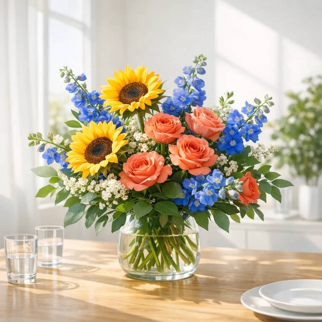 International Day of Persons with Disabilities floral calendar still life with sunflowers, coral roses, blue delphinium