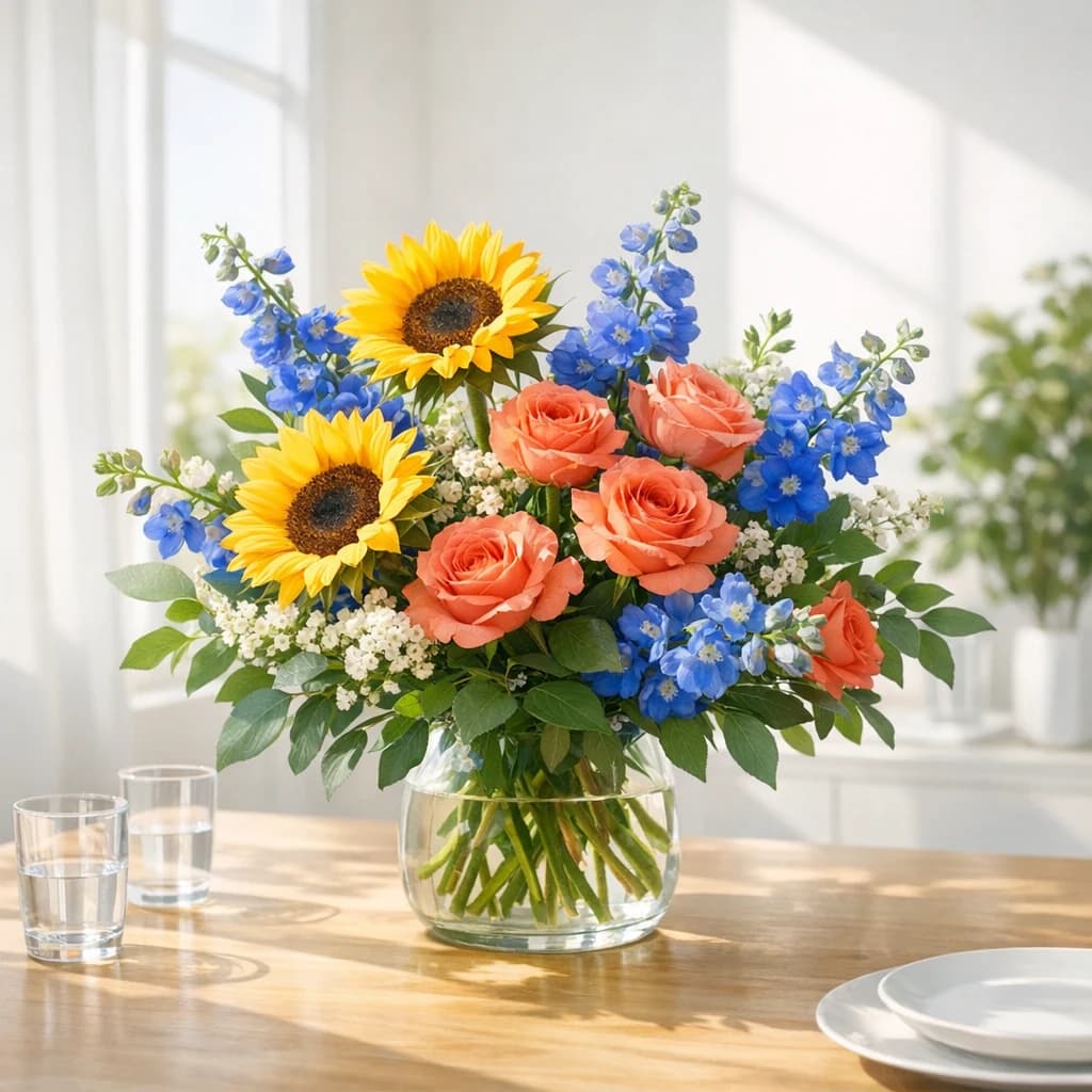 International Day of Persons with Disabilities floral calendar still life with sunflowers, coral roses, blue delphinium