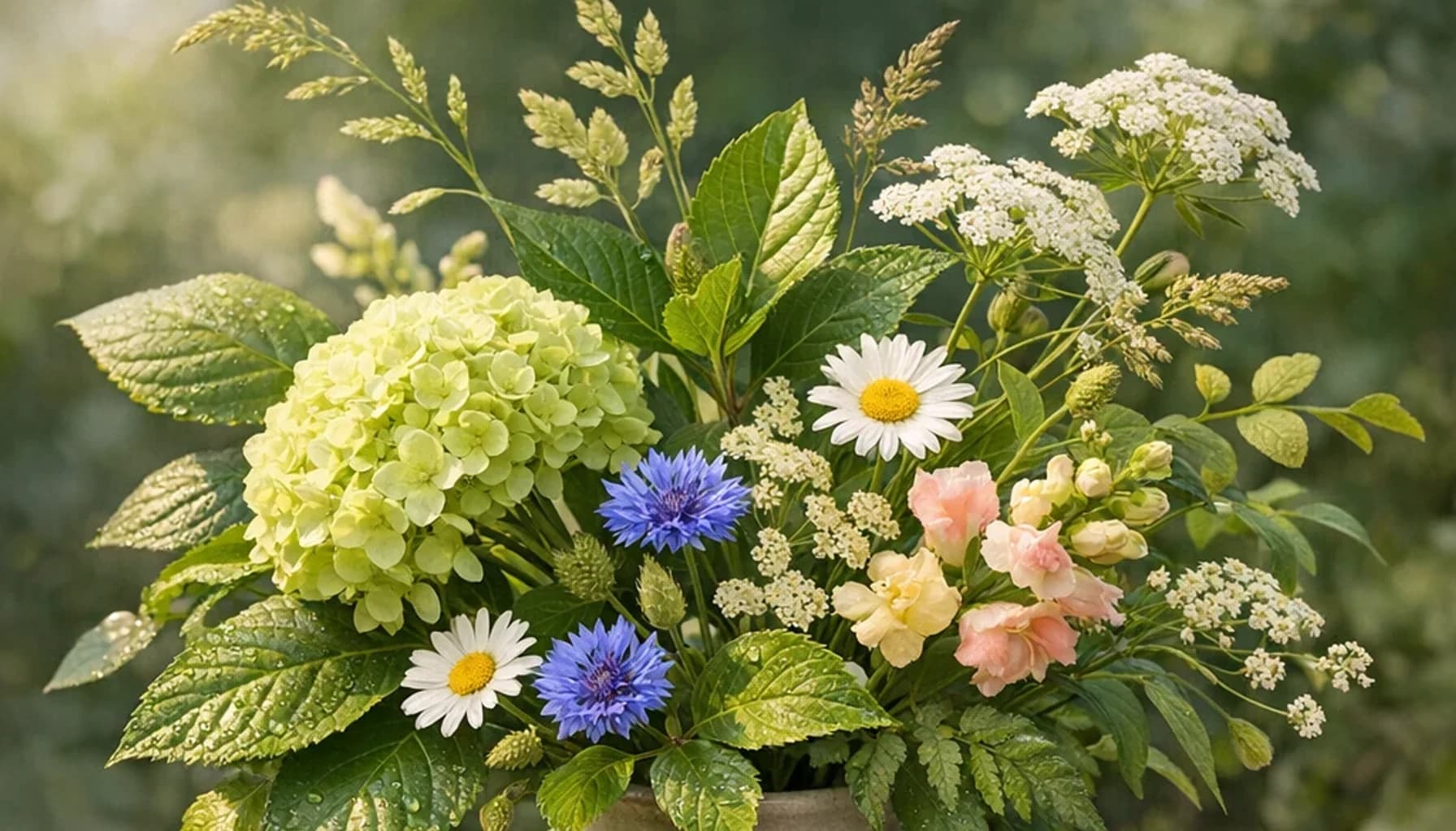International Day of Plant Health flower guide banner featuring seasonal wildflowers, green hydrangea, textural foliage in leaf, moss, sky, clay tones