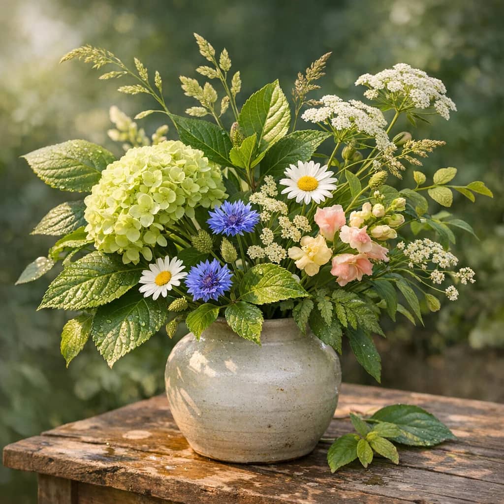 International Day of Plant Health floral calendar still life with seasonal wildflowers, green hydrangea, textural foliage