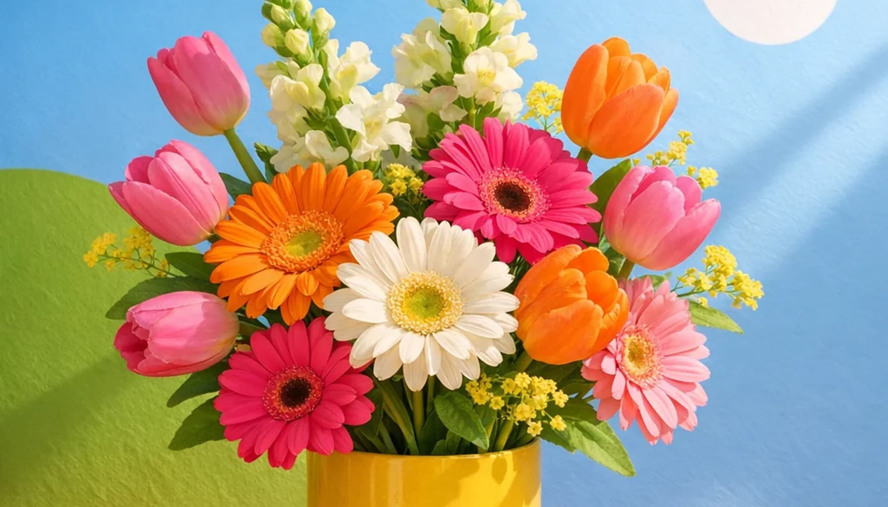 International Day of Play flower guide banner featuring gerbera daisies, tulips, snapdragons in tangerine, pink, sky, lime tones