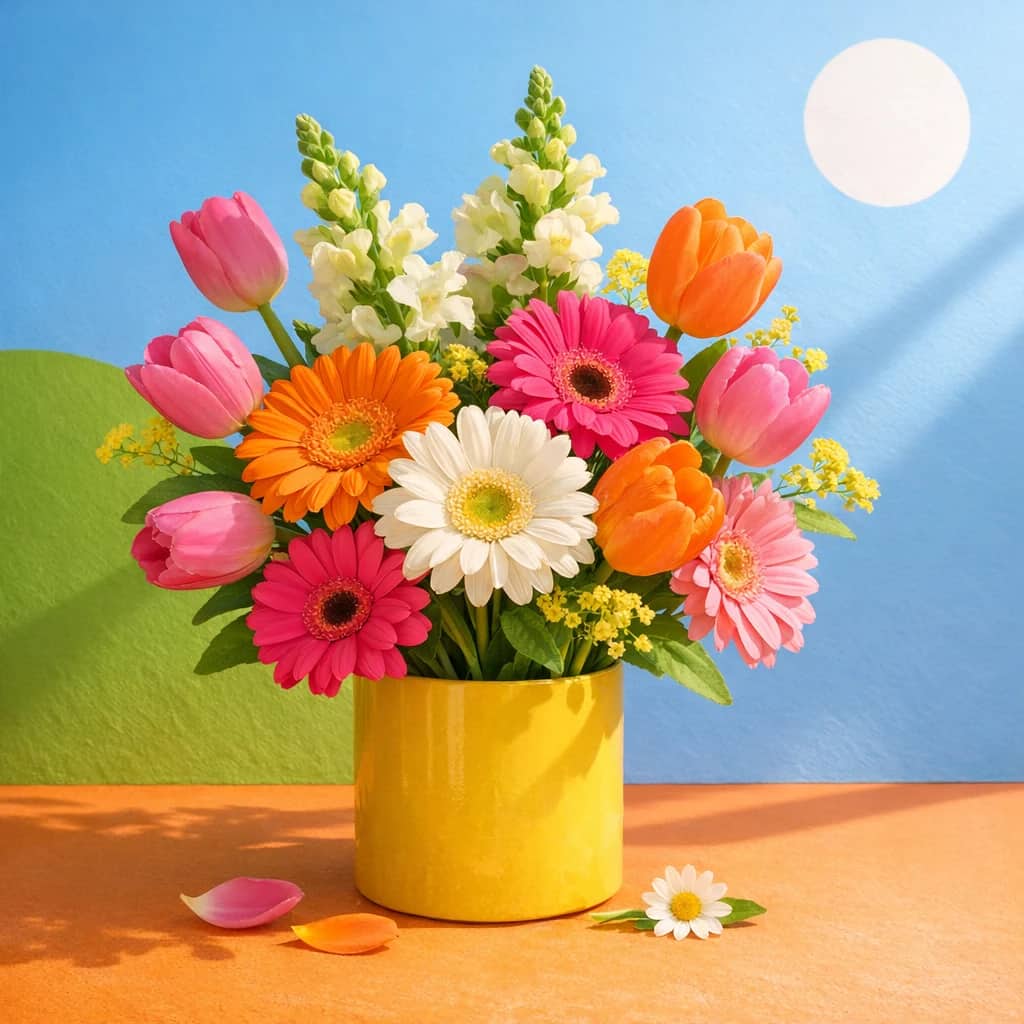 International Day of Play floral calendar still life with gerbera daisies, tulips, snapdragons
