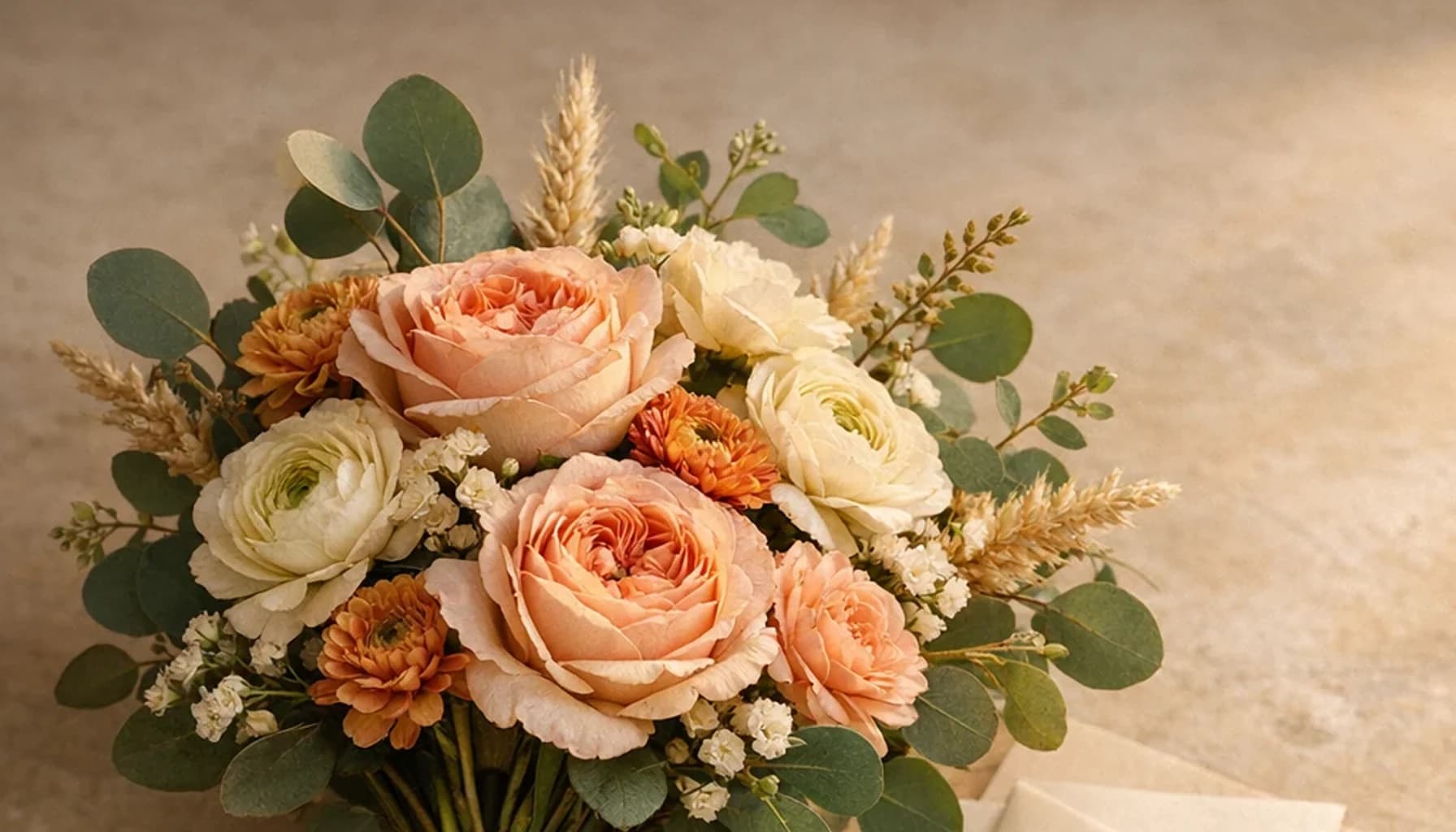 International Day of Rural Women flower guide banner featuring garden roses, ranunculus, eucalyptus in peach, blush, cream, leaf tones