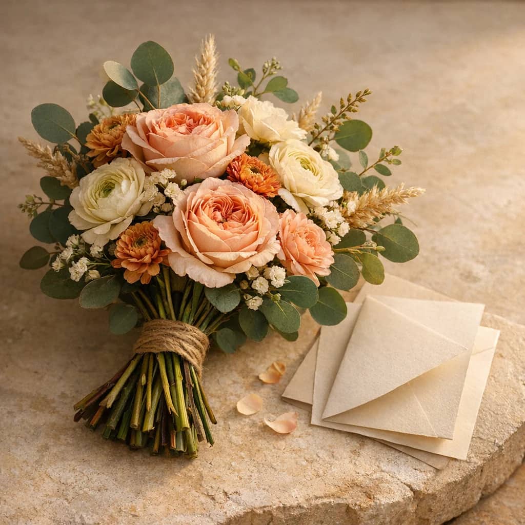 International Day of Rural Women floral calendar still life with garden roses, ranunculus, eucalyptus