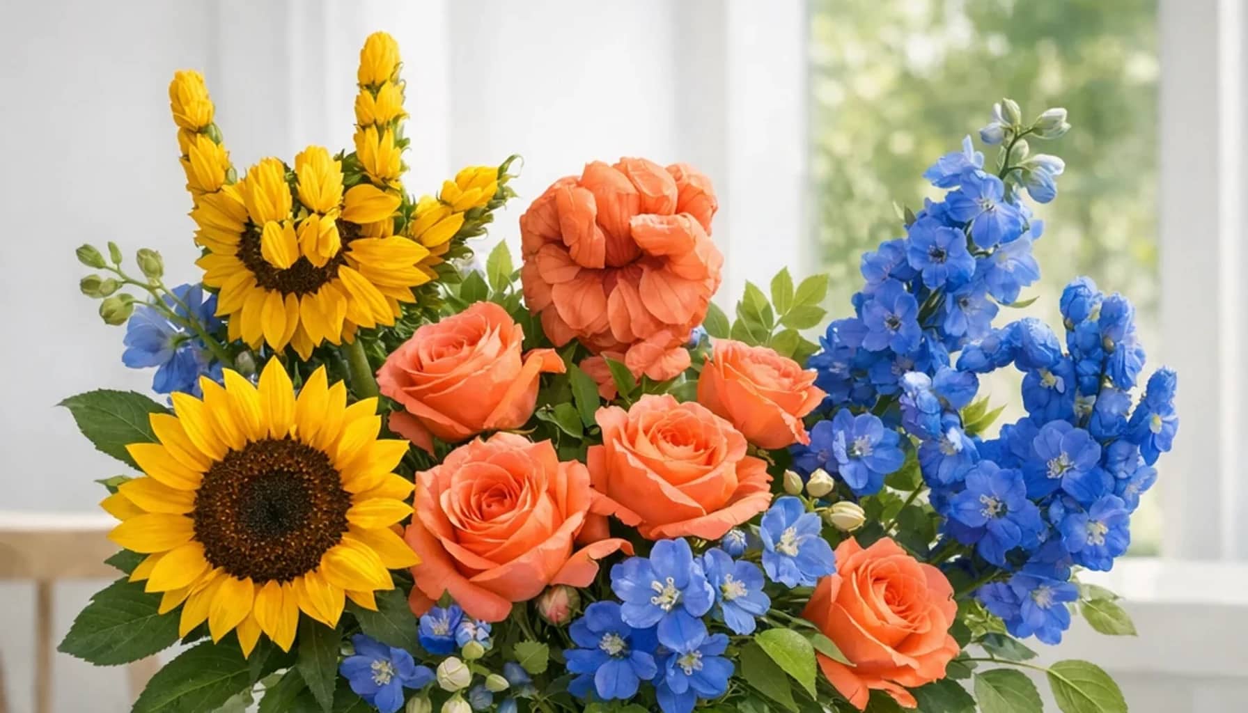 International Day of Sign Languages flower arrangement with sunflowers, coral roses, blue delphinium designed as a respectful community floral guide