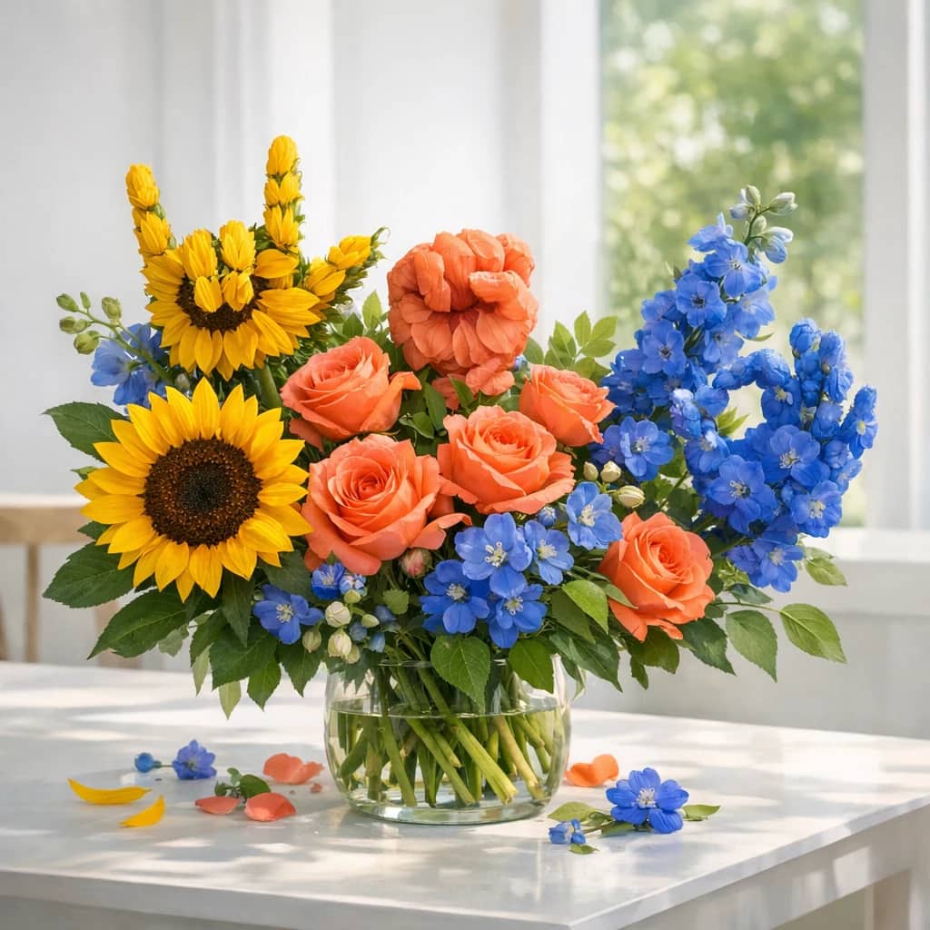International Day of Sign Languages floral calendar still life with sunflowers, coral roses, blue delphinium