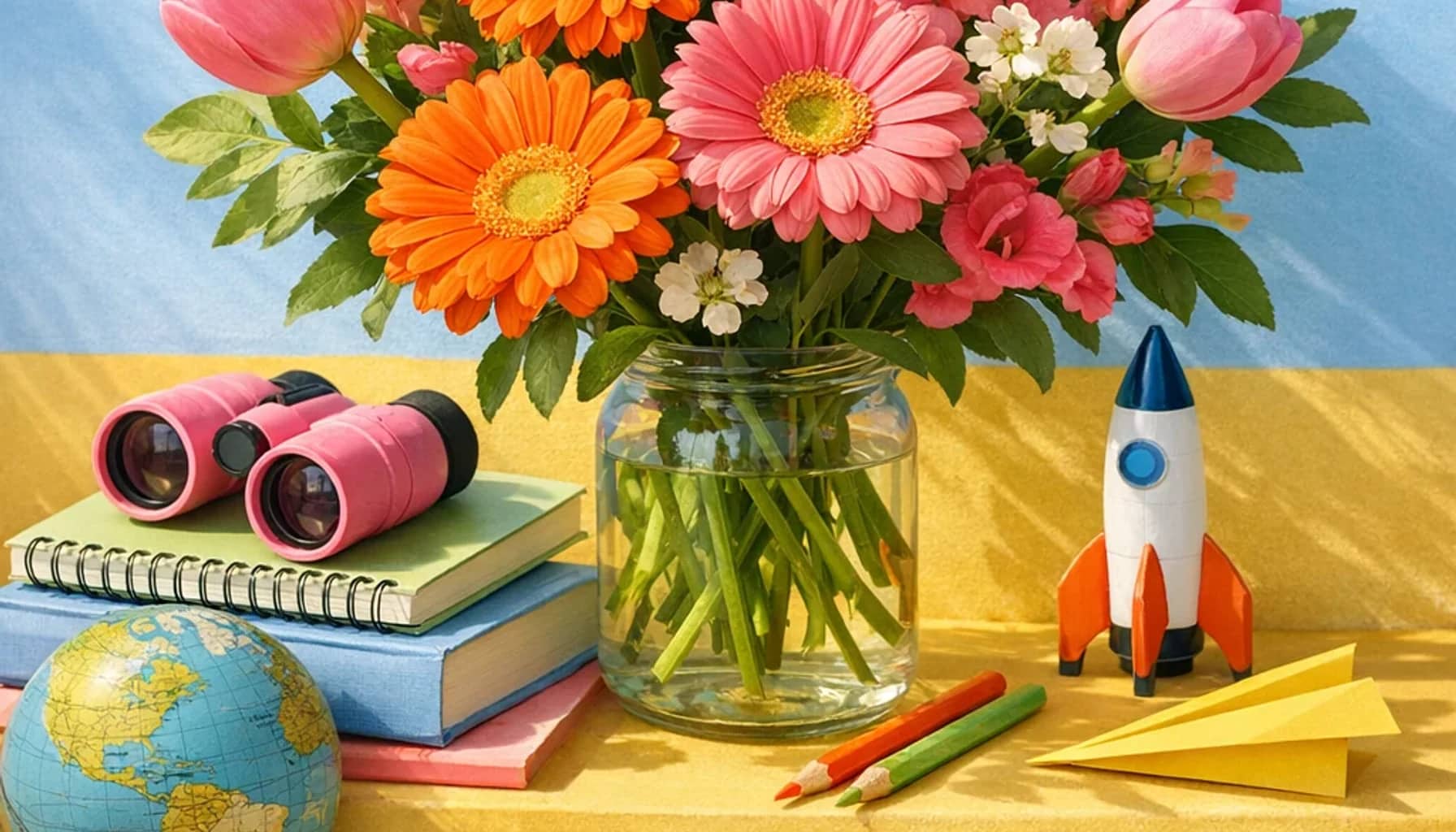 International Day of the Girl Child flower arrangement with gerbera daisies, tulips, snapdragons designed as a respectful youth and possibility floral guide