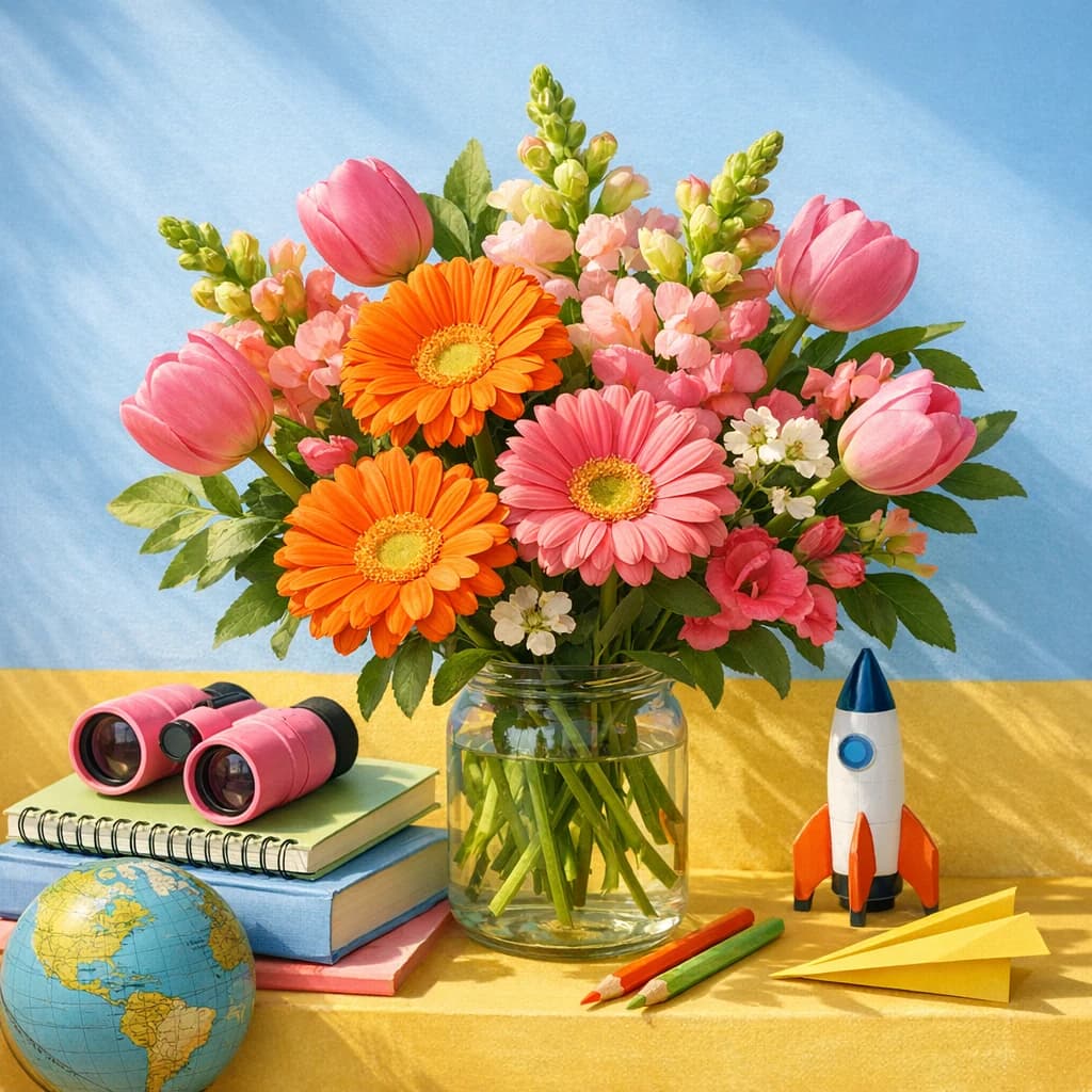 International Day of the Girl Child floral calendar still life with gerbera daisies, tulips, snapdragons