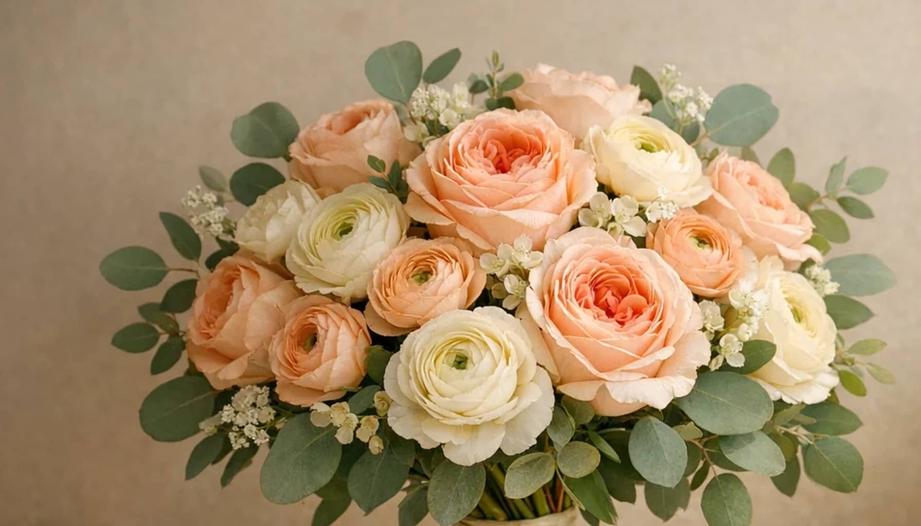 International Day of Women in Diplomacy flower arrangement with garden roses, ranunculus, eucalyptus designed as a respectful appreciation floral guide