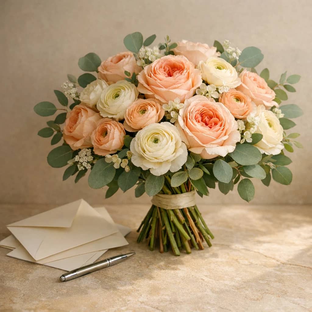 International Day of Women in Diplomacy floral calendar still life with garden roses, ranunculus, eucalyptus