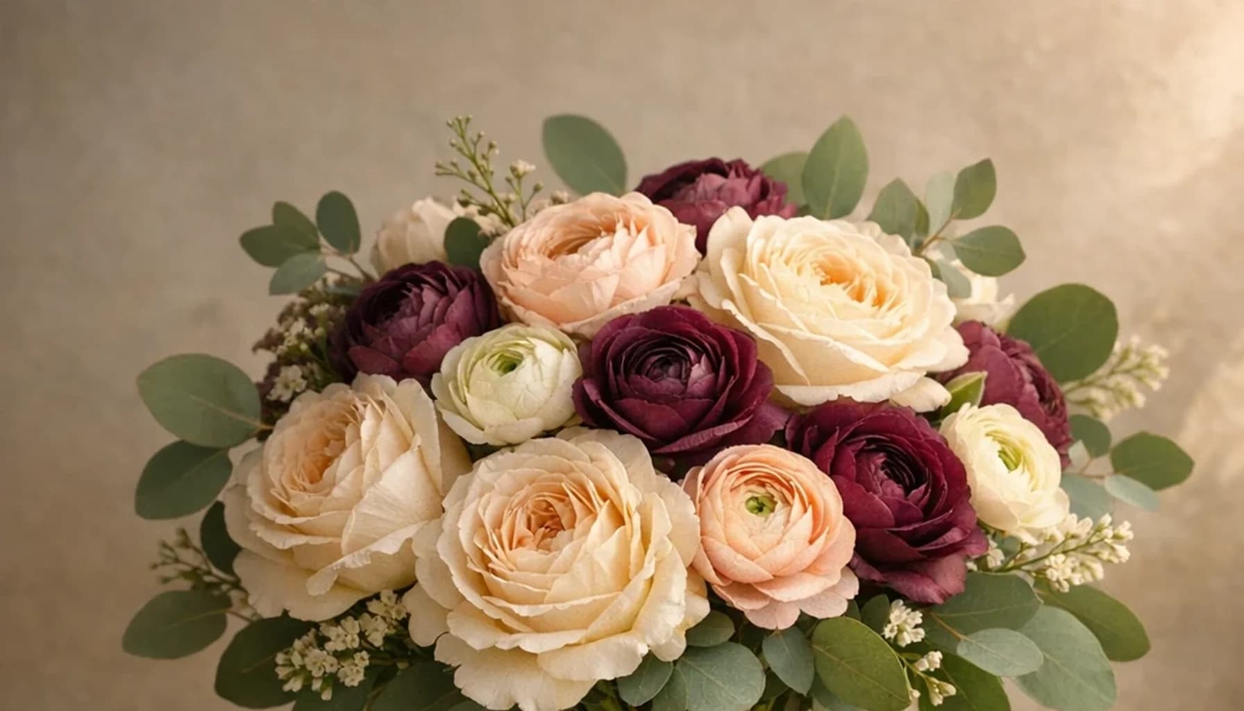 International Day of Women Judges flower guide banner featuring garden roses, ranunculus, eucalyptus in peach, blush, cream, leaf tones