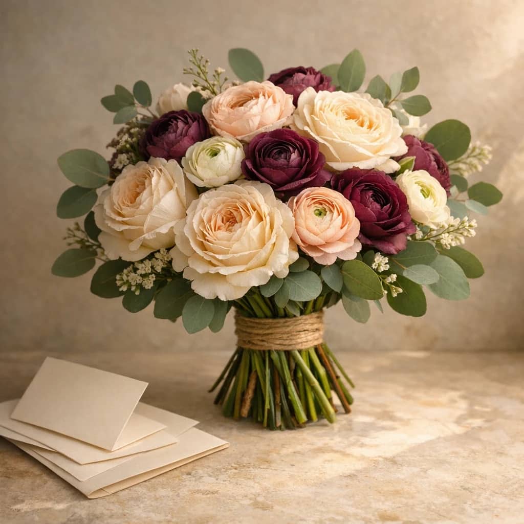 International Day of Women Judges floral calendar still life with garden roses, ranunculus, eucalyptus