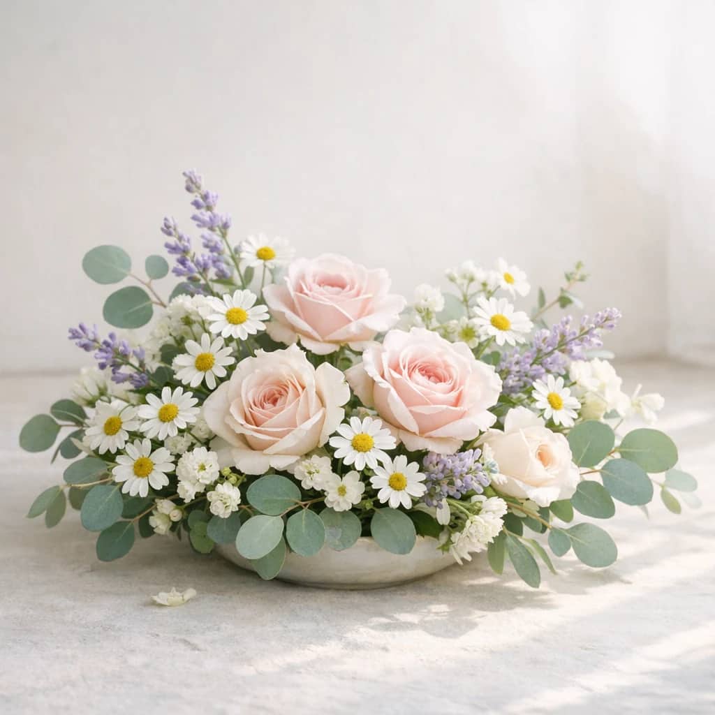 International Day of Yoga floral calendar still life with chamomile, soft roses, eucalyptus
