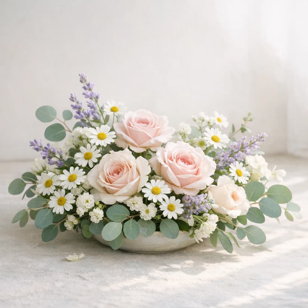 International Day of Yoga floral calendar still life with chamomile, soft roses, eucalyptus