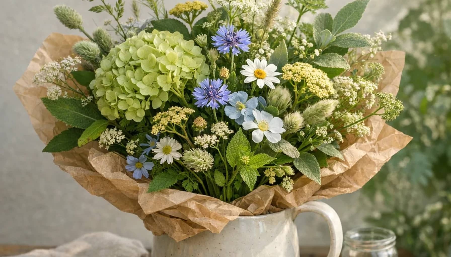 International Day of Zero Waste flower arrangement with seasonal wildflowers, green hydrangea, textural foliage designed as a respectful nature and sustainability floral guide