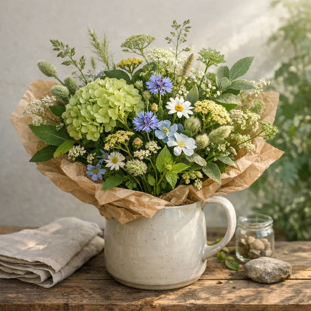 International Day of Zero Waste floral calendar still life with seasonal wildflowers, green hydrangea, textural foliage