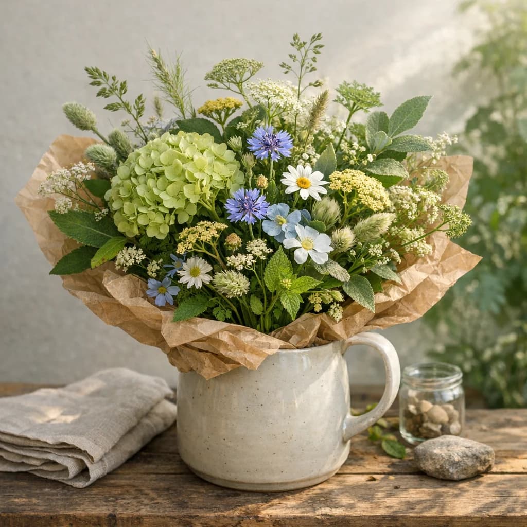 International Day of Zero Waste floral calendar still life with seasonal wildflowers, green hydrangea, textural foliage
