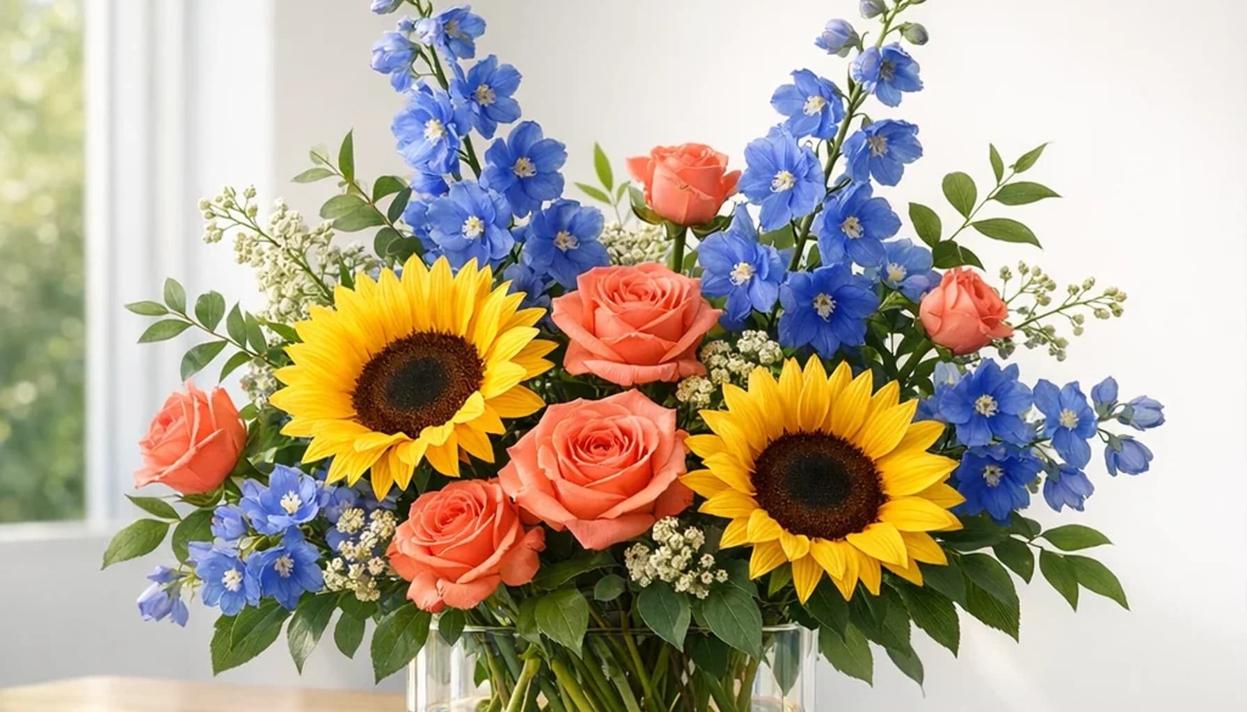 International Equal Pay Day flower guide banner featuring sunflowers, coral roses, blue delphinium in sun, coral, blue, green tones