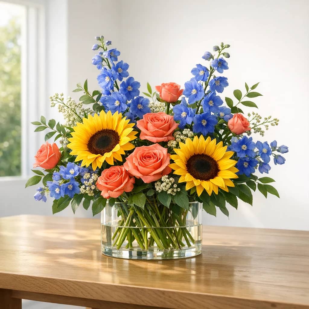 International Equal Pay Day floral calendar still life with sunflowers, coral roses, blue delphinium