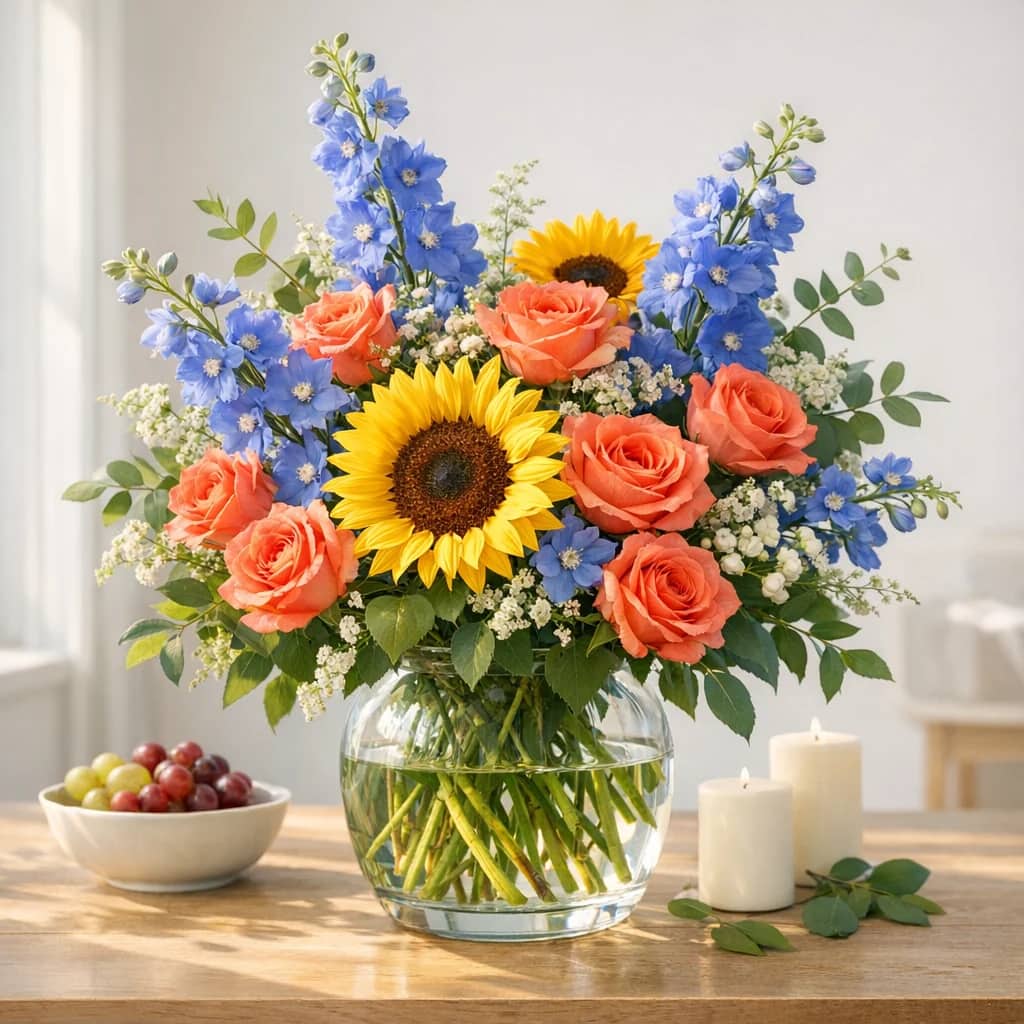 International Human Solidarity Day floral calendar still life with sunflowers, coral roses, blue delphinium