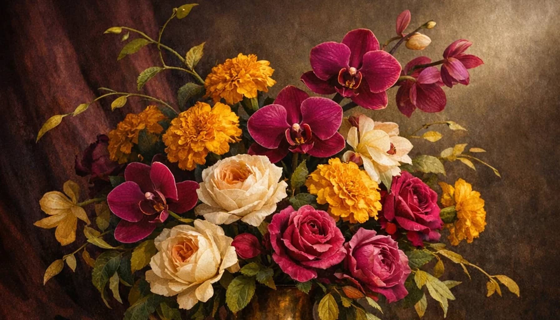 International Jazz Day flower arrangement with orchids, marigolds, garden roses designed as a respectful culture and language floral guide