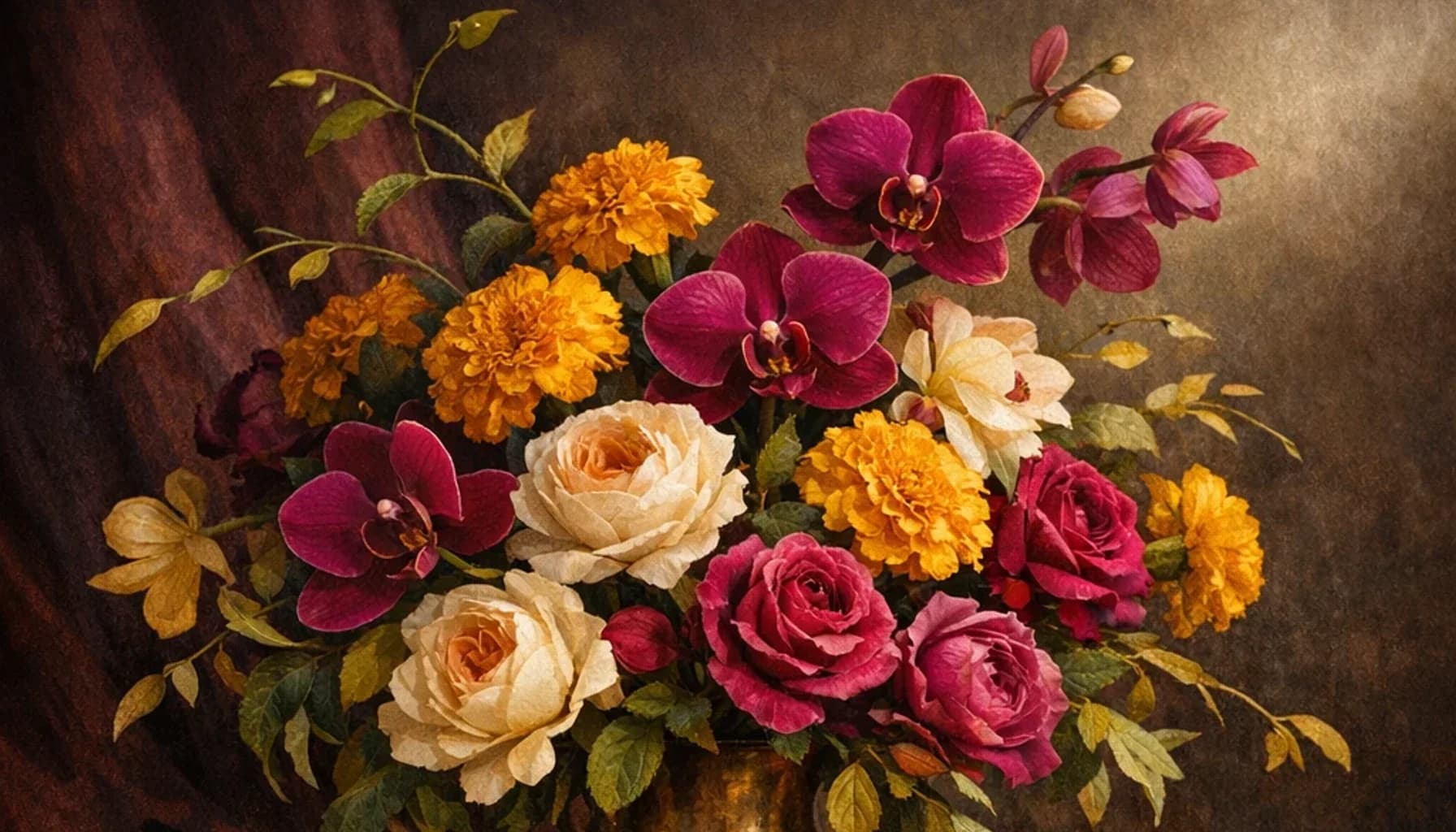 International Jazz Day flower guide banner featuring orchids, marigolds, garden roses in saffron, magenta, jade, gold tones