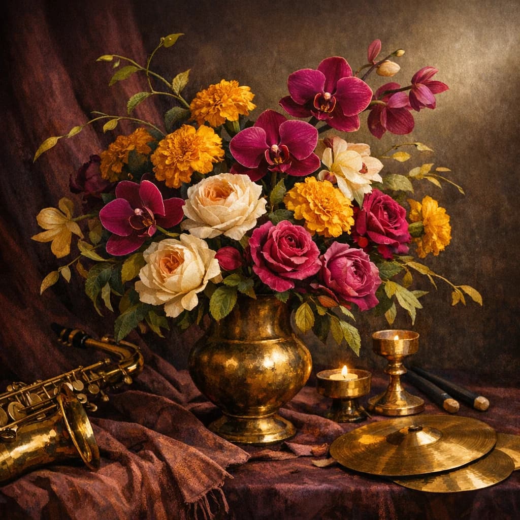 International Jazz Day floral calendar still life with orchids, marigolds, garden roses