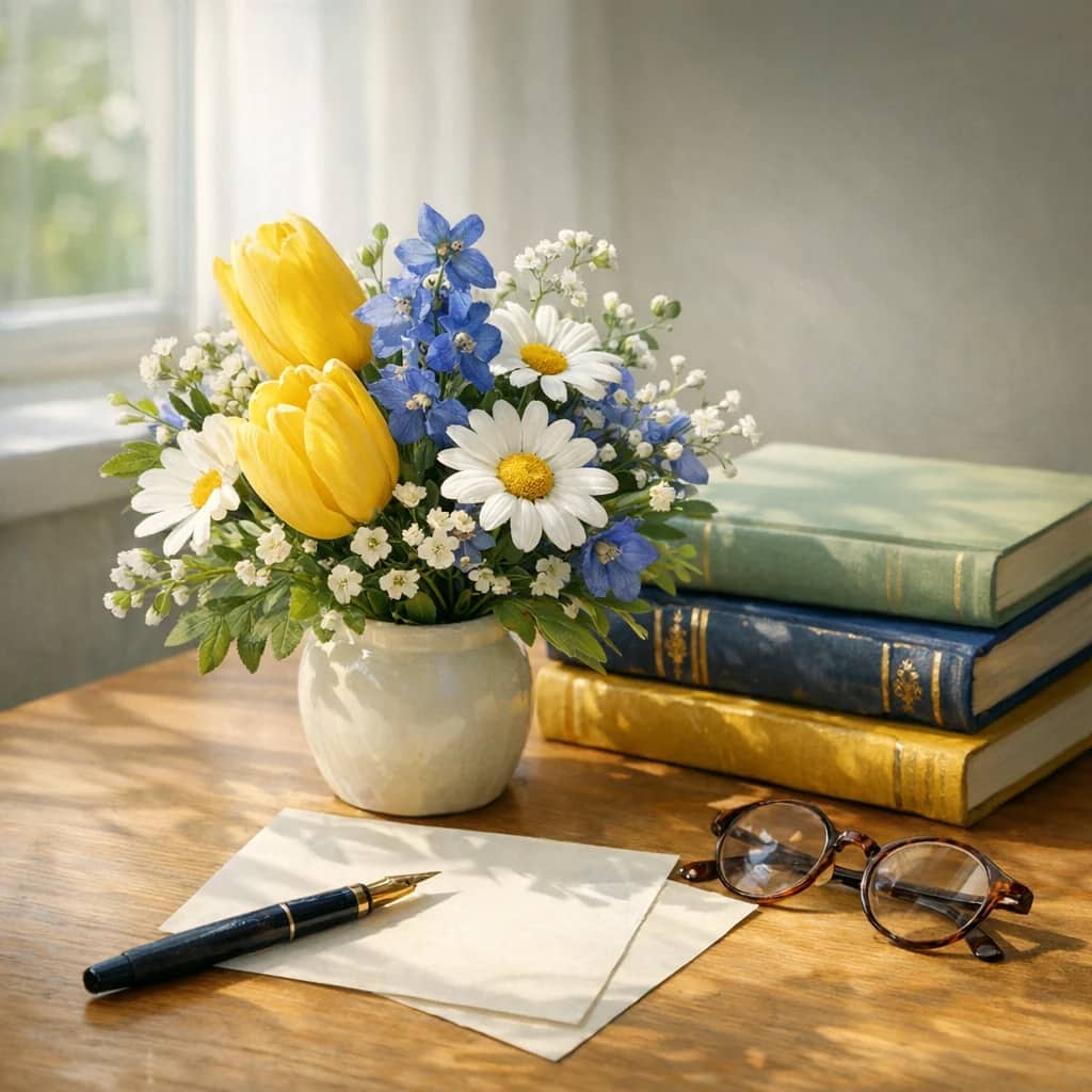 International Literacy Day floral calendar still life with yellow tulips, white daisies, blue delphinium