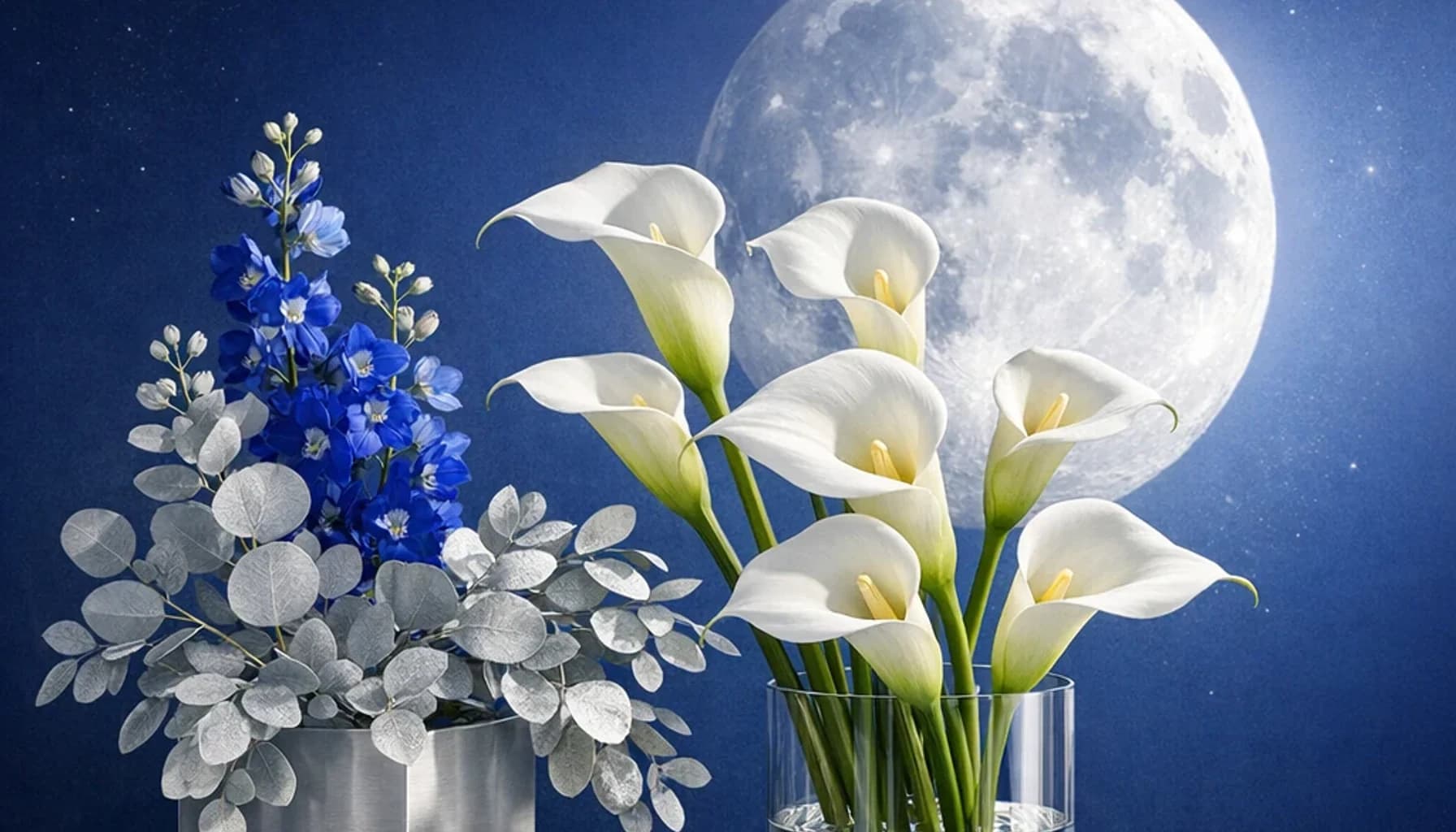 International Moon Day flower guide banner featuring white calla lilies, blue delphinium, silver eucalyptus in optic white, cobalt, silver, green tones