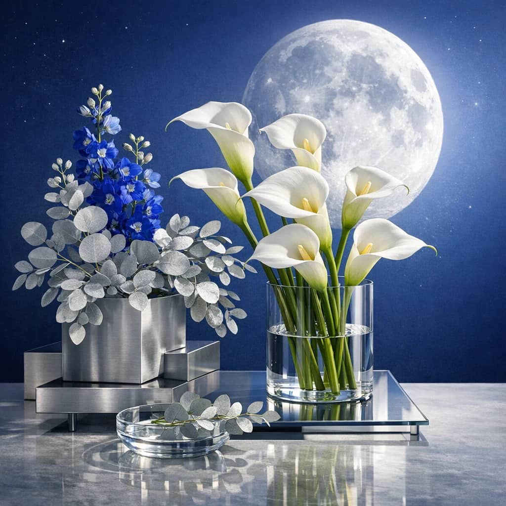 International Moon Day floral calendar still life with white calla lilies, blue delphinium, silver eucalyptus
