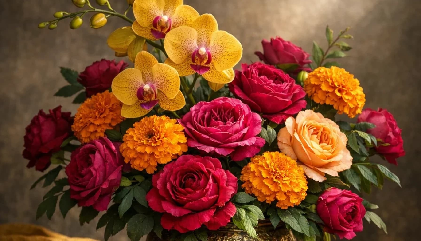 International Mother Language Day flower guide banner featuring orchids, marigolds, garden roses in saffron, magenta, jade, gold tones