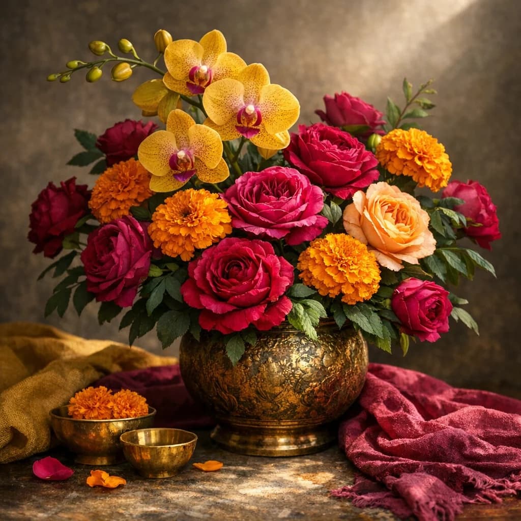 International Mother Language Day floral calendar still life with orchids, marigolds, garden roses
