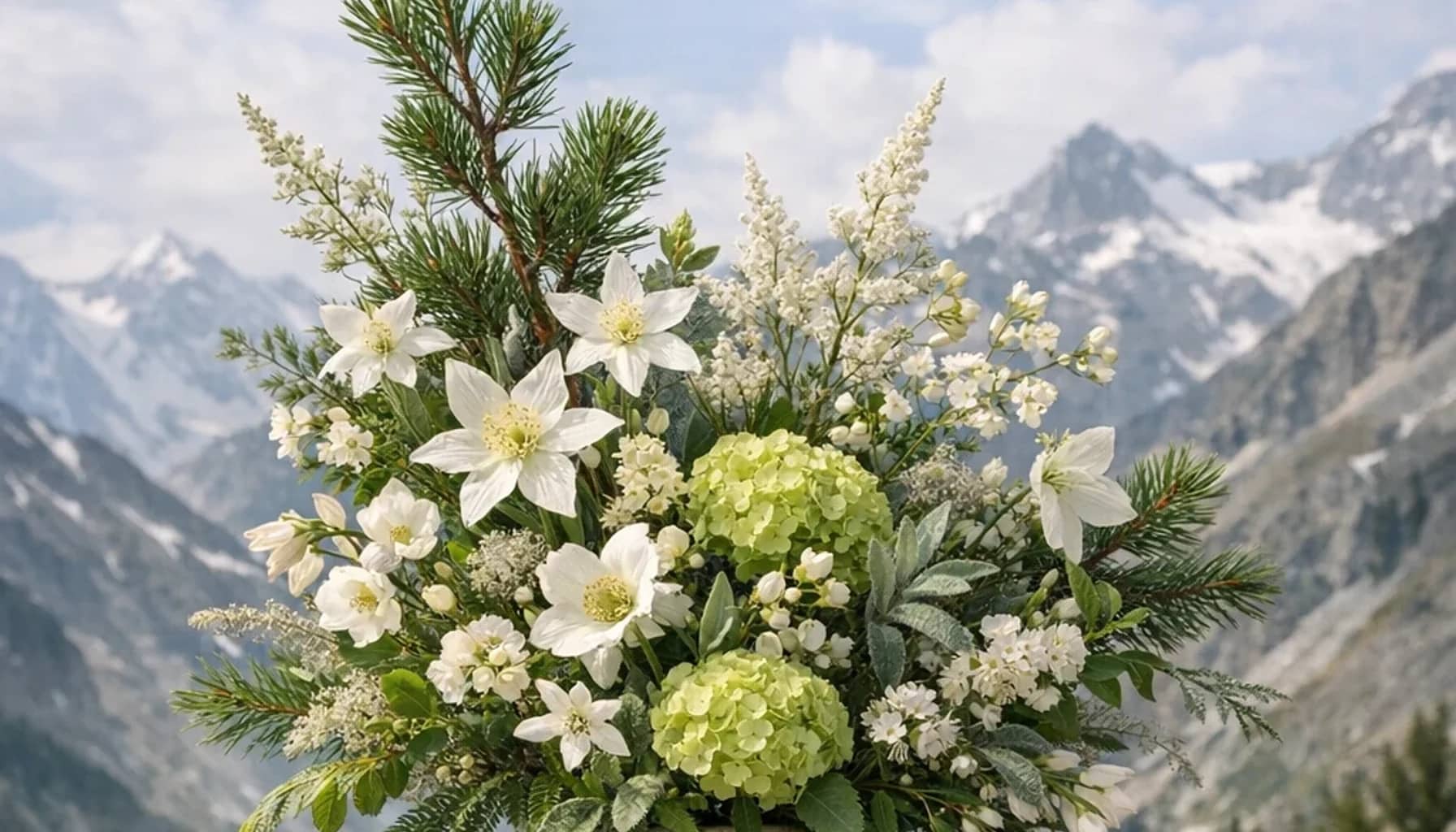 International Mountain Day flower arrangement with seasonal wildflowers, green hydrangea, textural foliage designed as a respectful nature and sustainability floral guide